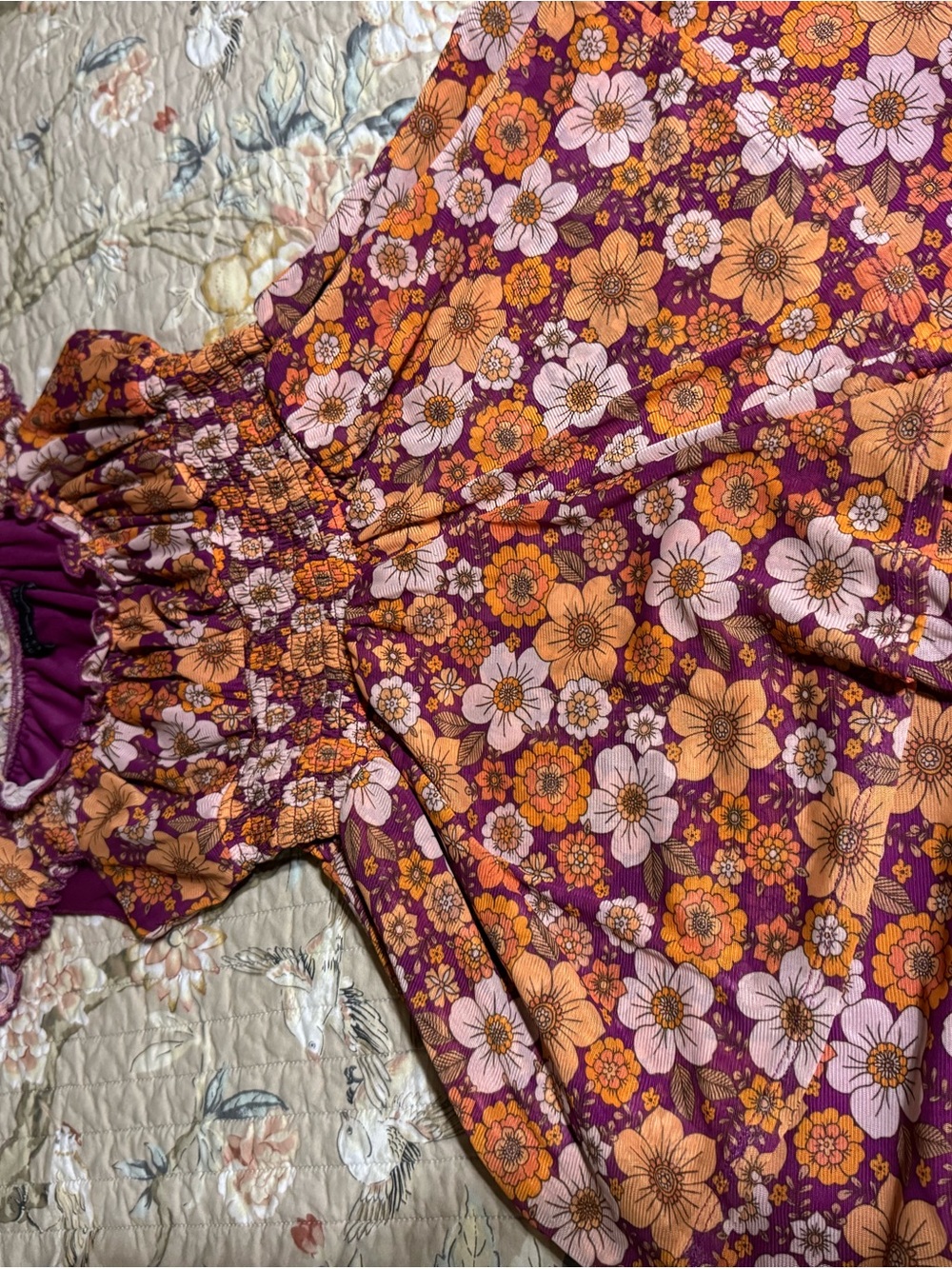 Urban Outfitters Purple Floral Smocked Casual Dress with Orange & Cream Blooms